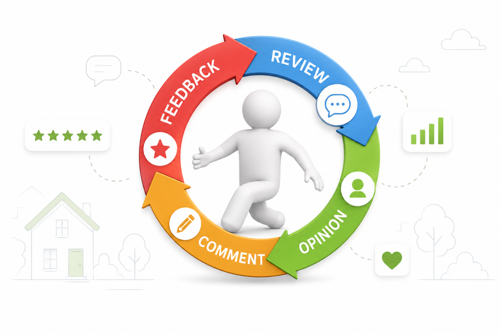 Airbnb reviews for guests shown as a continuous feedback cycle of reviews, comments, opinions, and guest feedback.