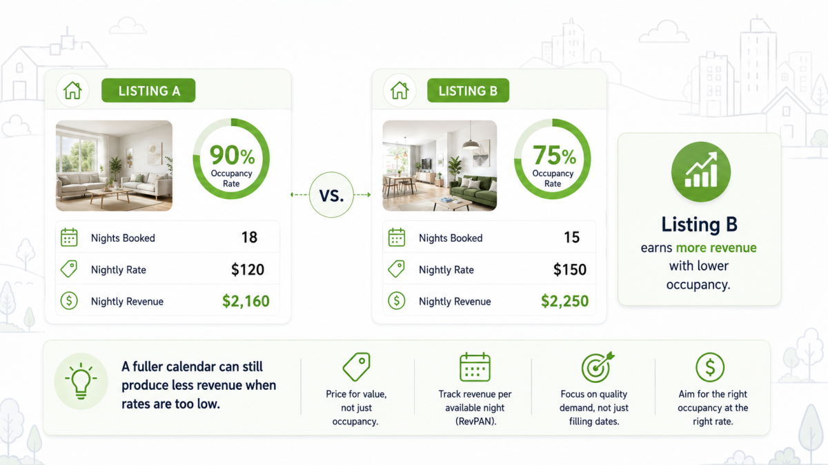 Airbnb occupancy comparison showing 90 percent occupancy at 120 dollars per night versus 75 percent occupancy at 150 dollars per night with higher revenue.
