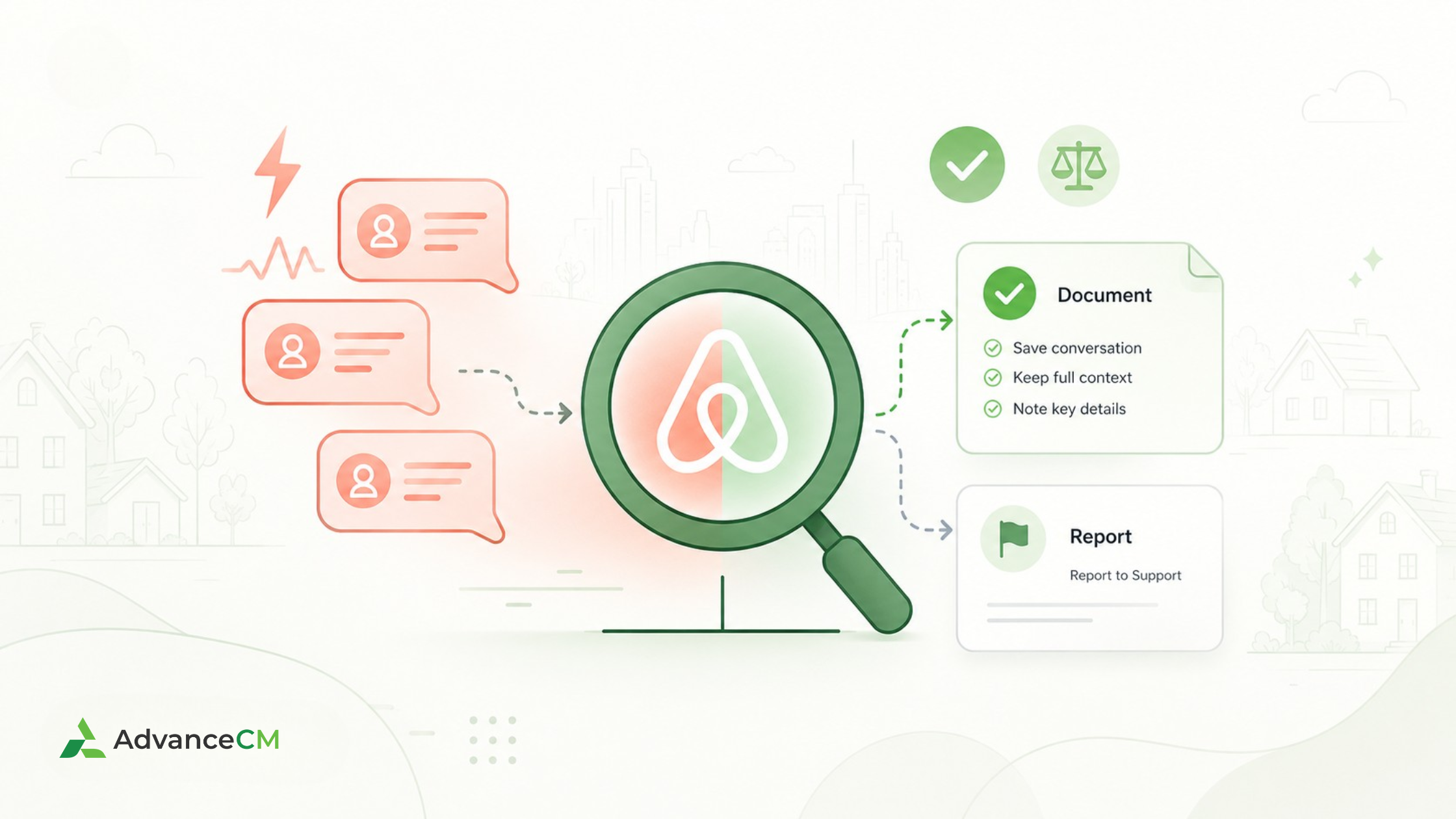 Airbnb extortion policy illustration showing guest message review threats, evidence documentation, and reporting steps for vacation rental hosts.