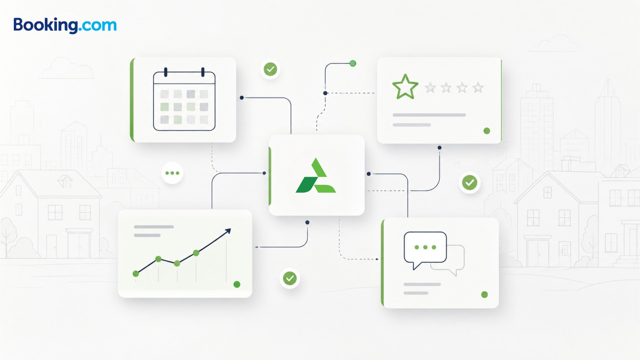 Illustrated calendar, pricing, and messaging cards showing how to get more bookings on Booking.com