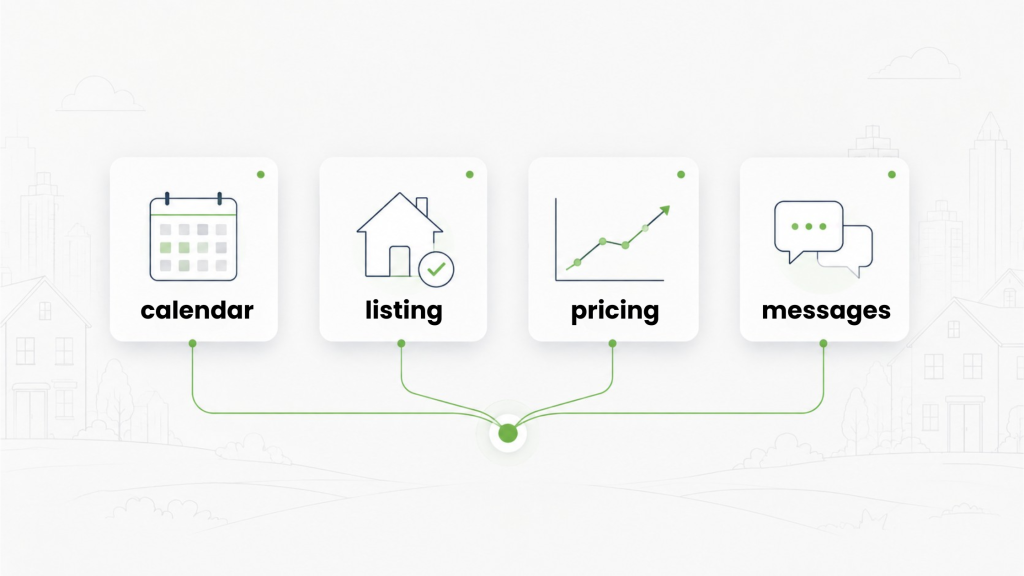 Four connected dashboard cards — calendar, listing, pricing, and messages — representing the factors that affect your Booking.com ranking