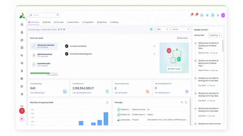 Screenshot of the AdvanceCM property management dashboard showing Booking.com listed as a connected channel