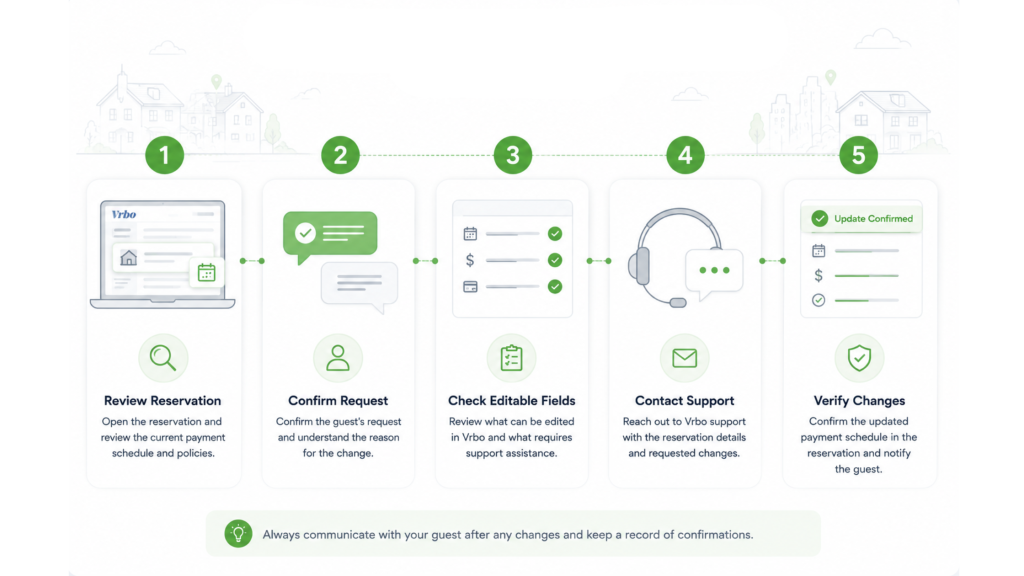 Five-step process for how to change a Vrbo payment schedule by reviewing the reservation, confirming the request, checking fields, contacting support, and verifying changes.
