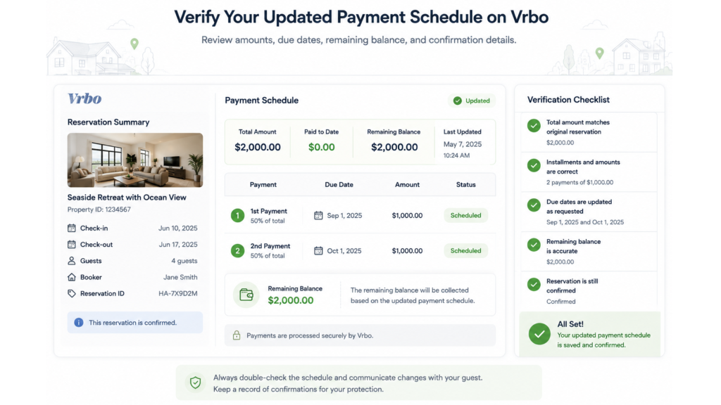 Verification checklist for how to change a Vrbo payment schedule, including installment amounts, due dates, remaining balance, and reservation confirmation.