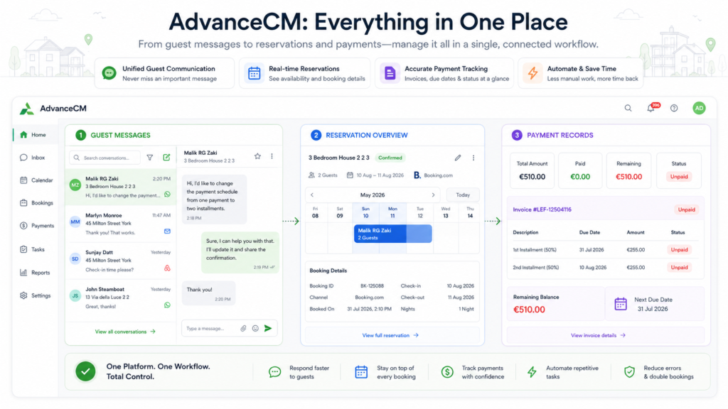 AdvanceCM workflow for managing guest messages, reservations, and payment records when changing a Vrbo payment schedule.
