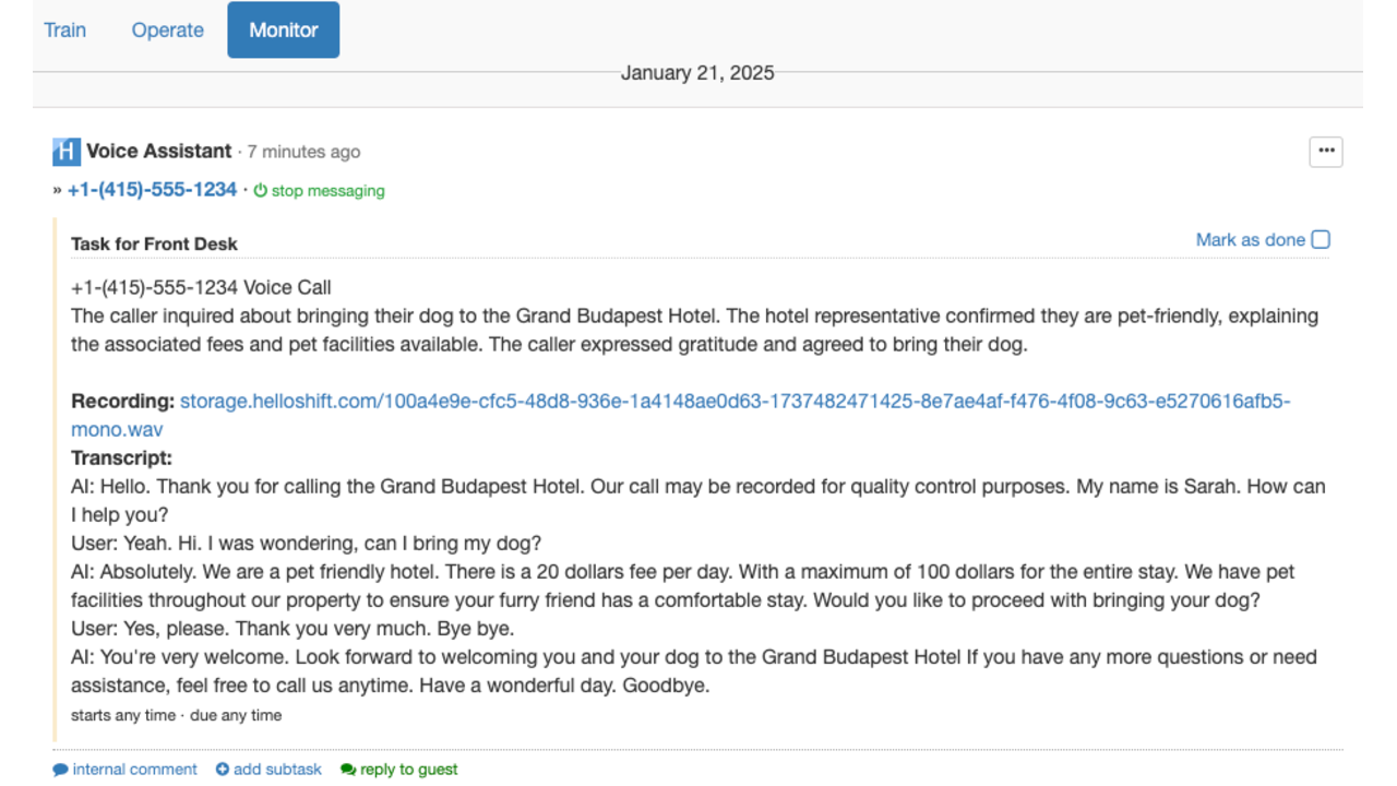 HelloShift AI front desk using live reservation context for AI call answering for vacation rentals.