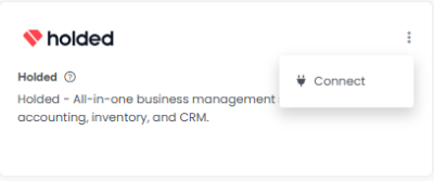 AdvanceCM Integrations page showing the Holded integration card with the Connect option open