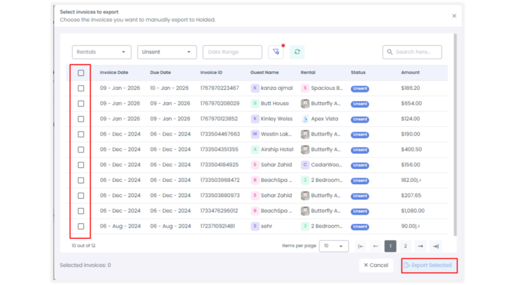 AdvanceCM window for choosing invoices to manually export to Holded, with an Export Selected button