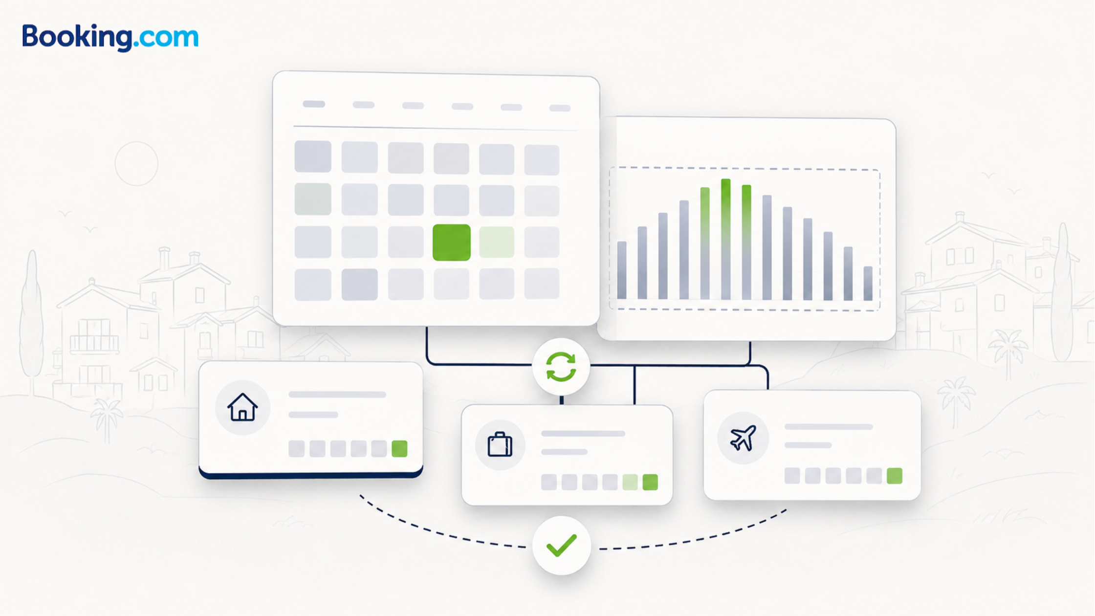 Illustration of rate, calendar, and channel-sync cards representing how to protect Booking.com occupancy after peak season.