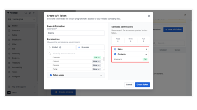 Holded Create API Token window with the Sales and Contacts permissions listed under Selected permissions