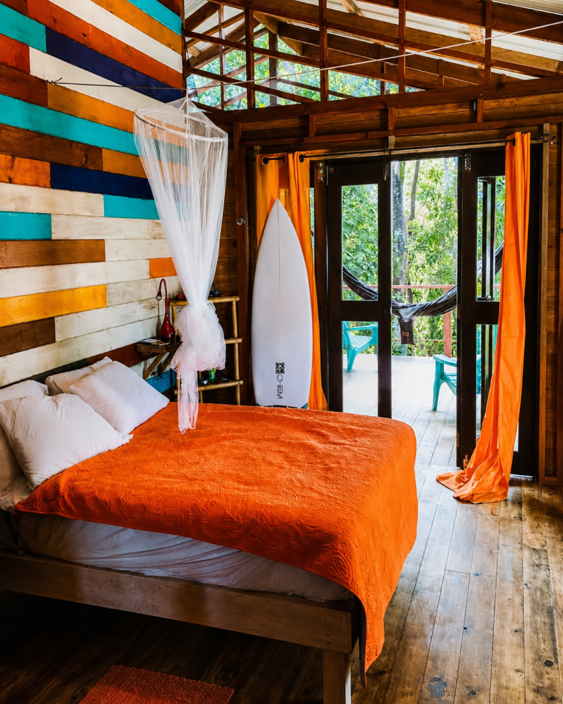 Colorful bungalow bedroom with a surfboard and mosquito net at SurfBreak at Paunch