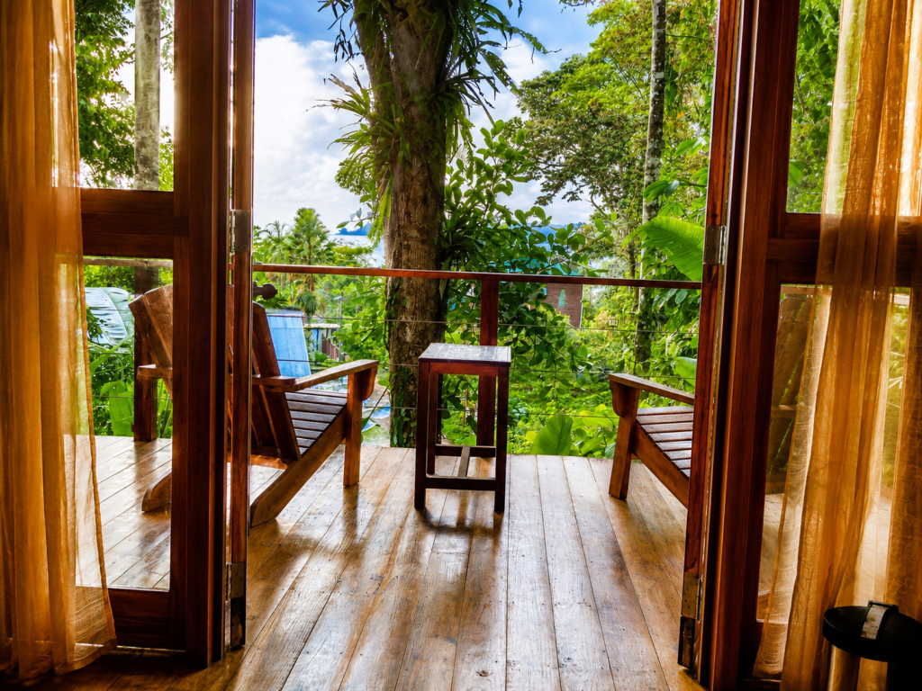 Open balcony overlooking the jungle canopy at SurfBreak at Paunch in Bocas del Toro, Panama