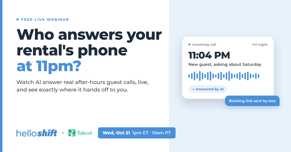 Free live webinar on after-hours guest calls by HelloShift and Tokeet, Wed Oct 21, 1pm ET, with an AI-answered call card