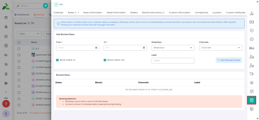 AdvanceCM Add Blocked Dates form for check-in and check-out restrictions, with From and To dates, Weekdays, Channels, and Block check-in and Block check-out options