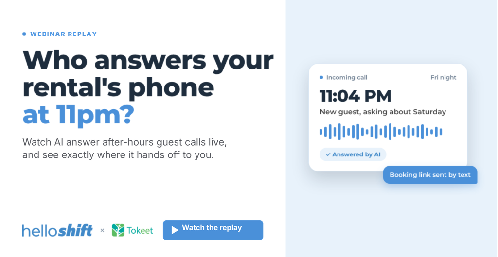Webinar replay on after-hours guest calls by HelloShift and Tokeet, showing an incoming call answered by AI with a booking link sent by text